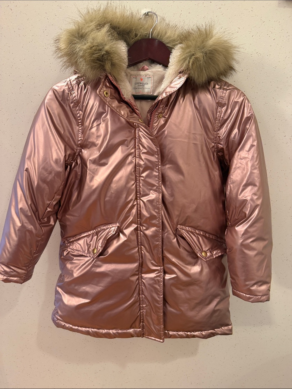 Girls' Shiny Rose Gold Hooded Puffer Coat with Faux Fur Trim Crewcuts